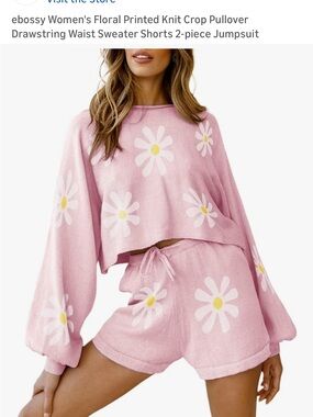 Women's Floral Knit Crop Pullover & Drawstring Shorts Set - Pink Daisy